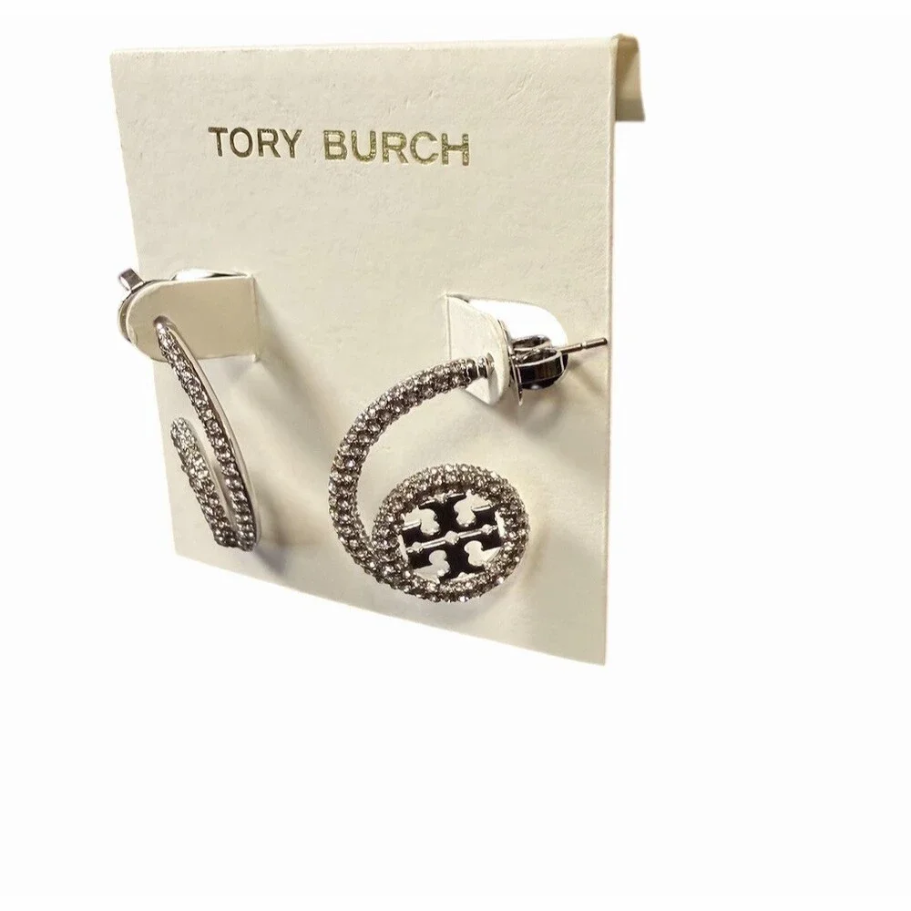 Tory Burch Miller Pavé Loop Drop Earrings Silver Clear Crystal Double T